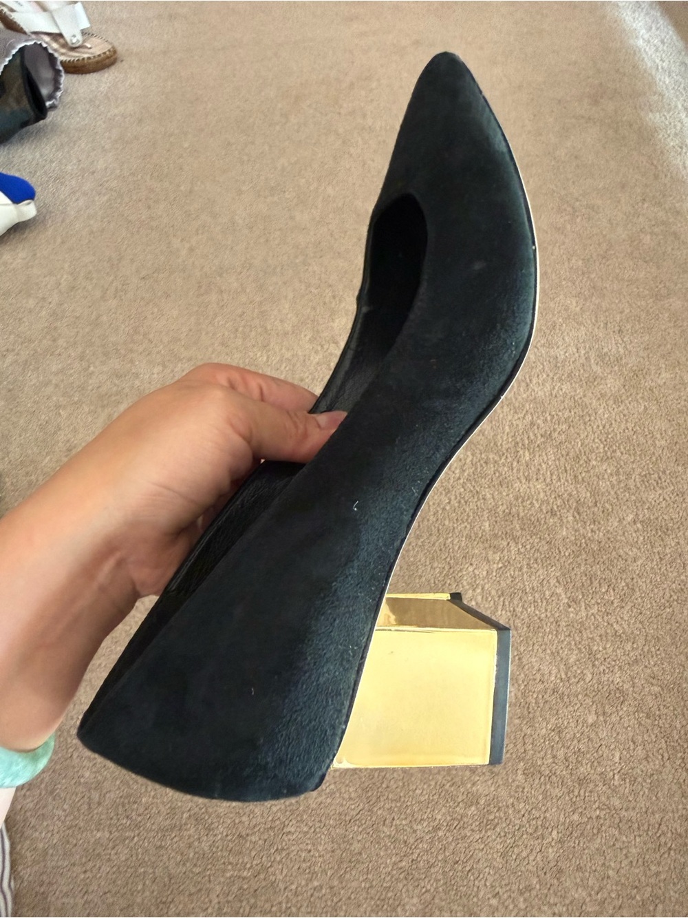 MICHAEL Michael Kors Black Suede Pumps with Gold Block Heel - Picture 5 of 5
